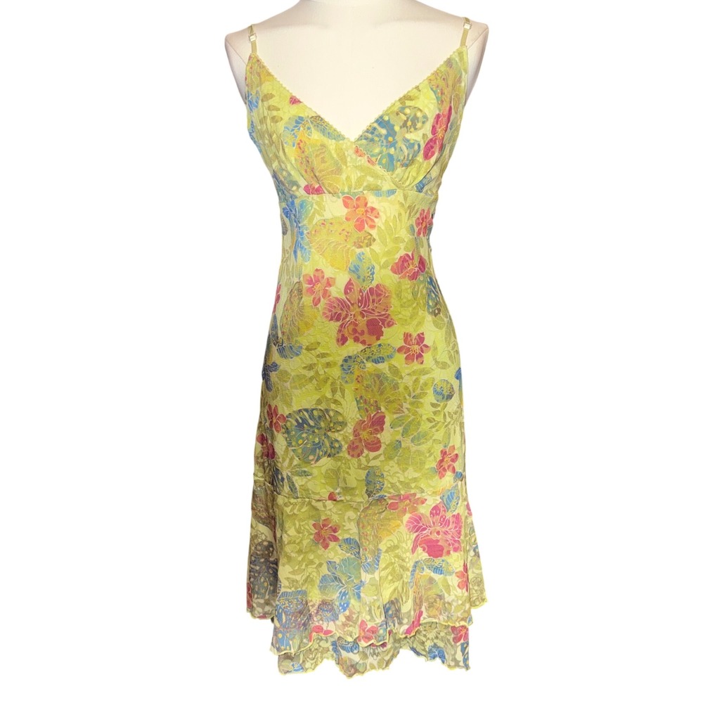 Fashion Express Slip Dress Womens 14 Green Good Y2K Floral Mesh Midi Fairycore